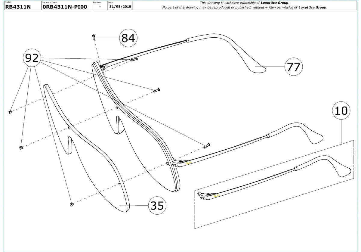 Enlarged technical drawing of the Ray-Ban RB4311N Replacement Parts