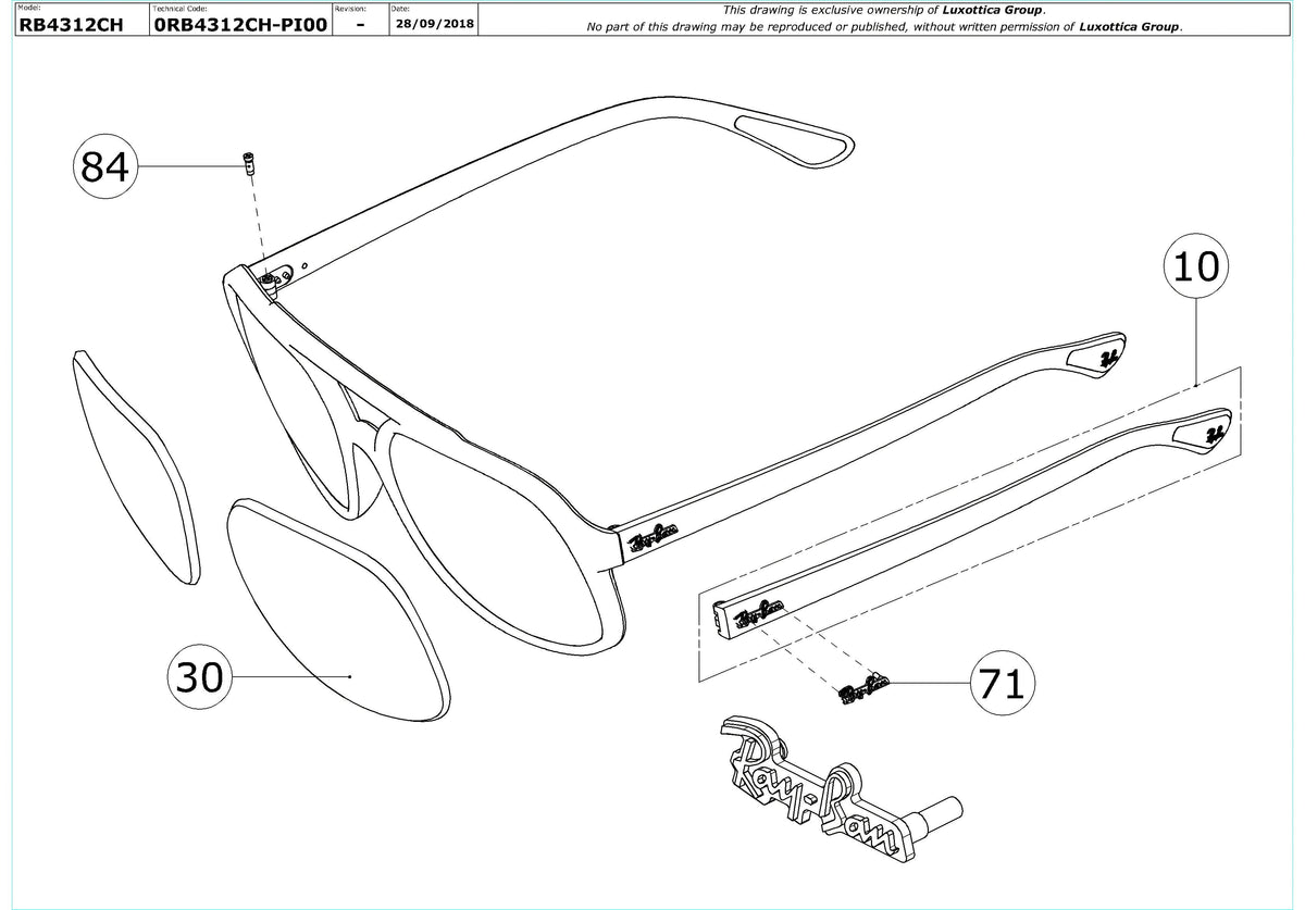 Exploded technical drawing of the Ray-Ban RB4312CH Replacement Parts, with each replacement part numbered