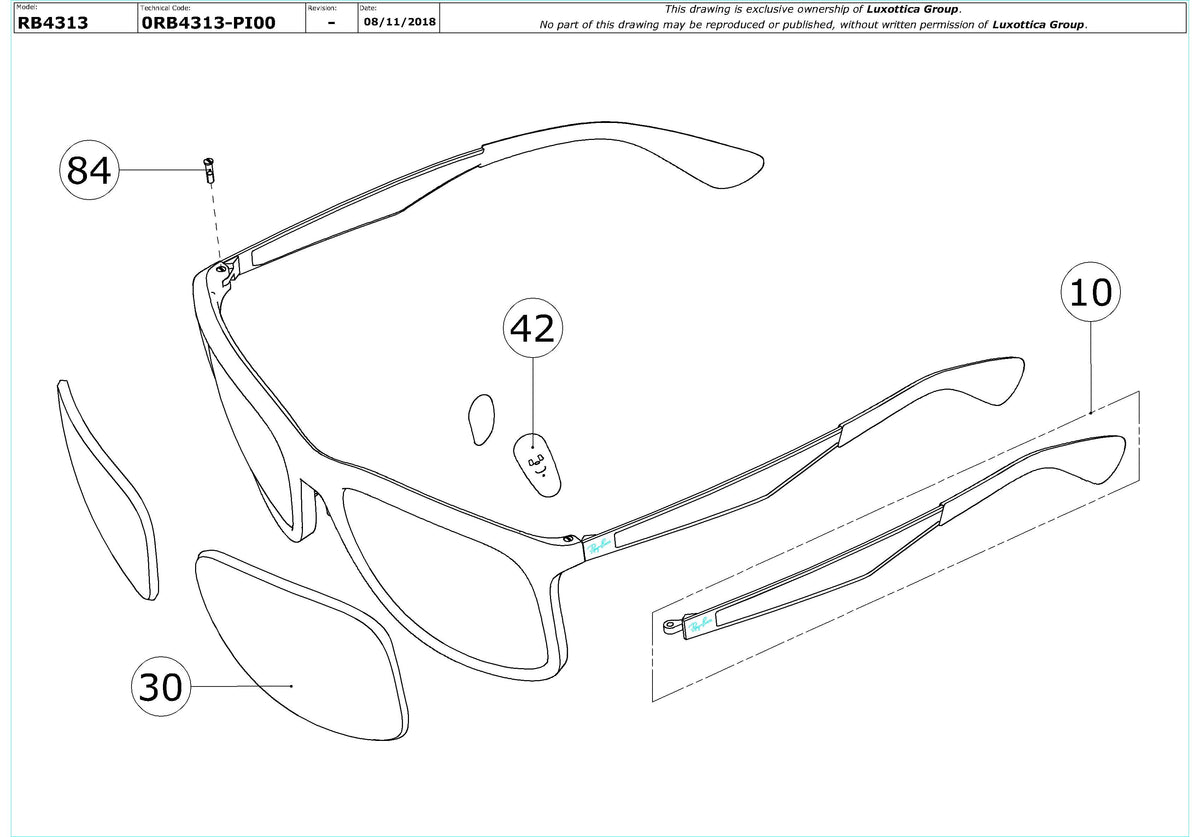 Exploded technical drawing of the Ray-Ban RB4313 Replacement Parts, with each replacement part numbered