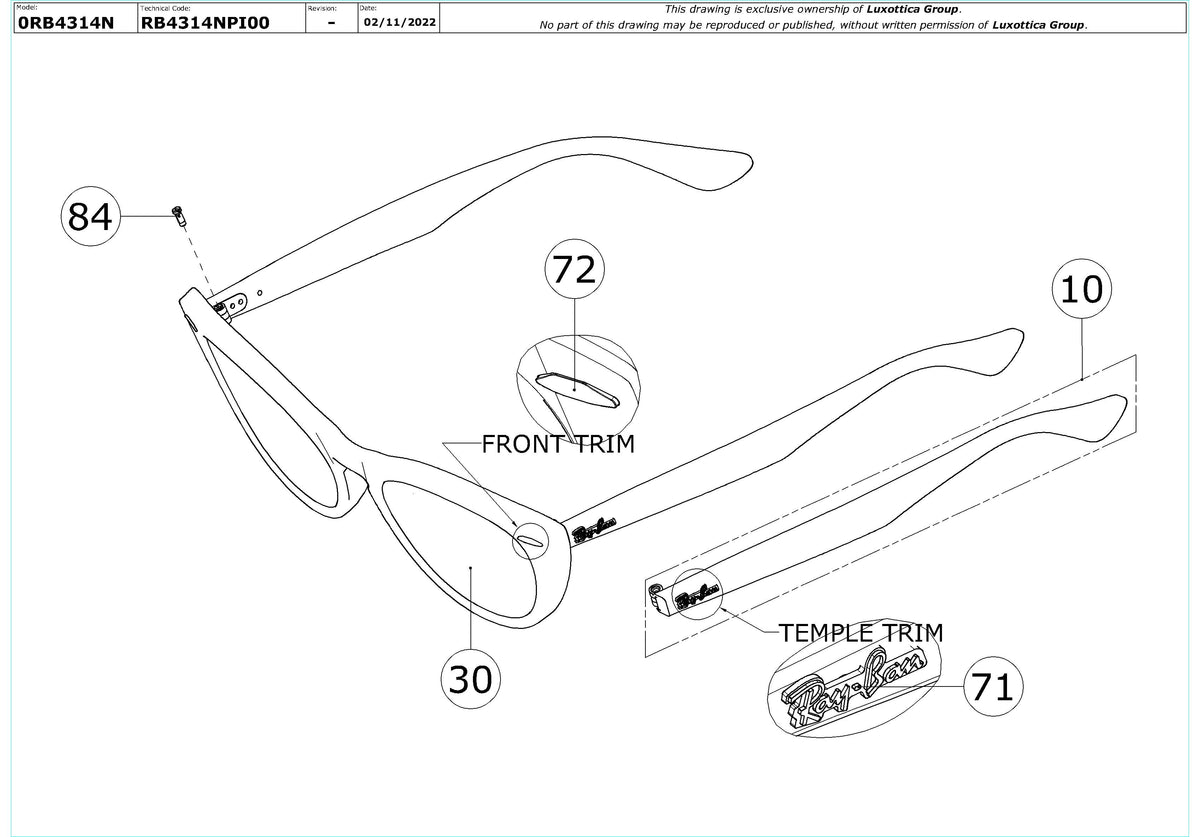 Enlarged technical drawing of the Ray-Ban Nina RB4314N Replacement Parts