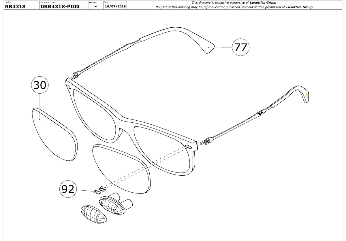 Enlarged technical drawing of the Ray-Ban RB4318 Replacement Parts