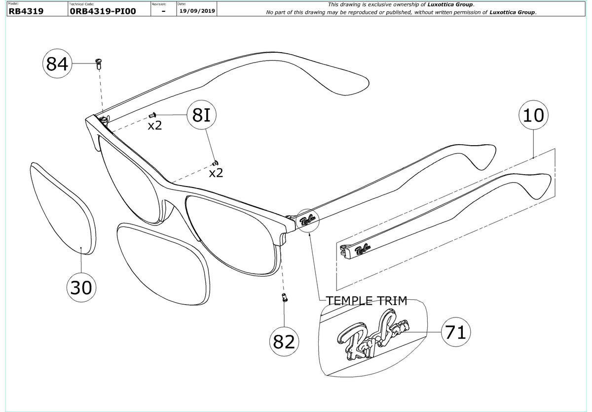 Enlarged technical drawing of the Ray-Ban RB4319 Replacement Parts