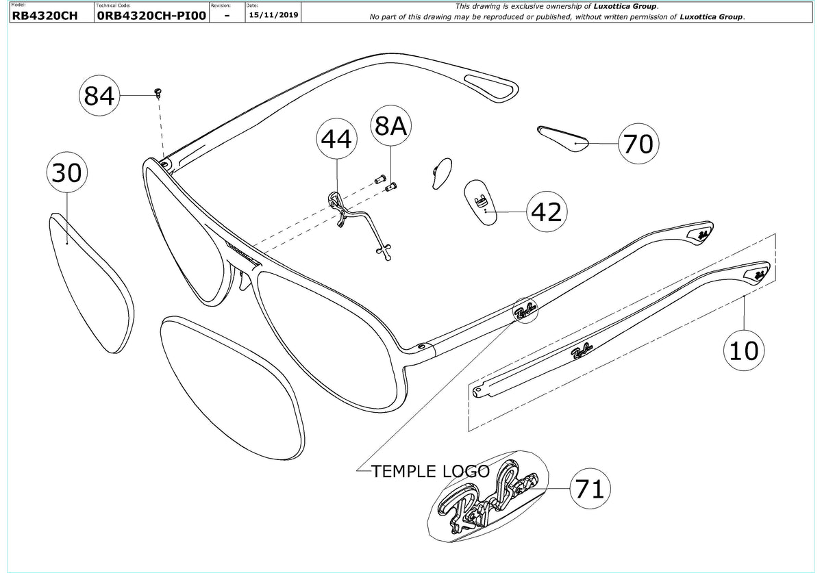 Enlarged technical drawing of the Ray-Ban RB4320CH Replacement Parts