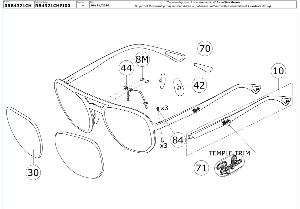 Exploded technical drawing of the Ray-Ban RB4321CH Replacement Parts, with each replacement part numbered