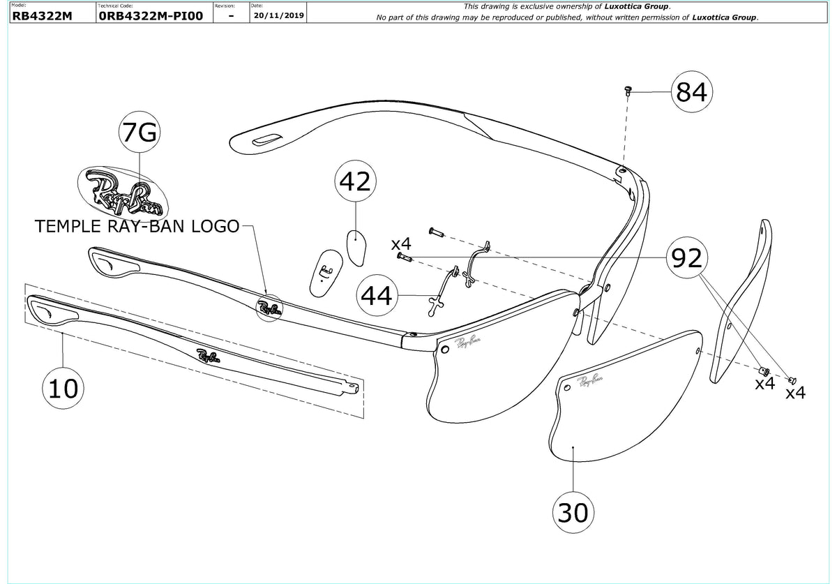 Enlarged technical drawing of the Ray-Ban Ferrari RB4322M Replacement Parts