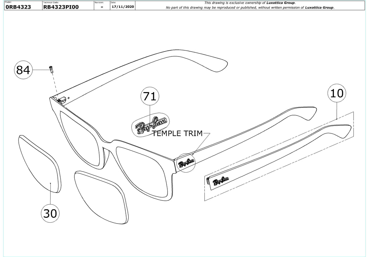 Enlarged technical drawing of the Ray-Ban RB4323 Replacement Parts