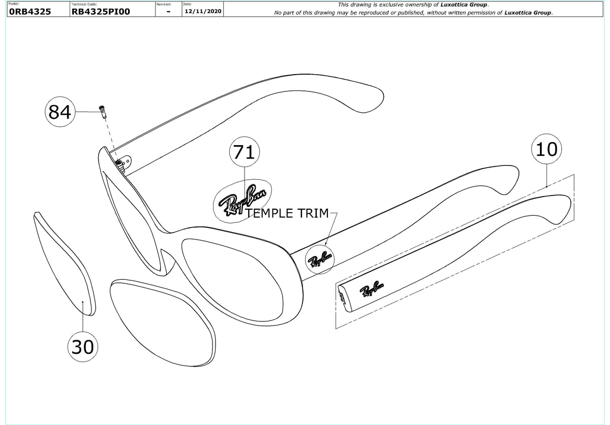 Enlarged technical drawing of the Ray-Ban RB4325 Replacement Parts