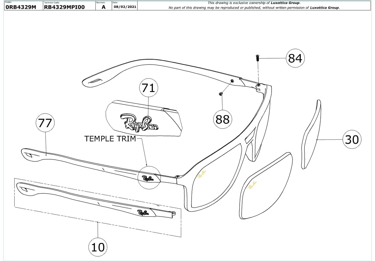 Exploded technical drawing of the Ray-Ban RB4329M Replacement Parts, with each replacement part numbered