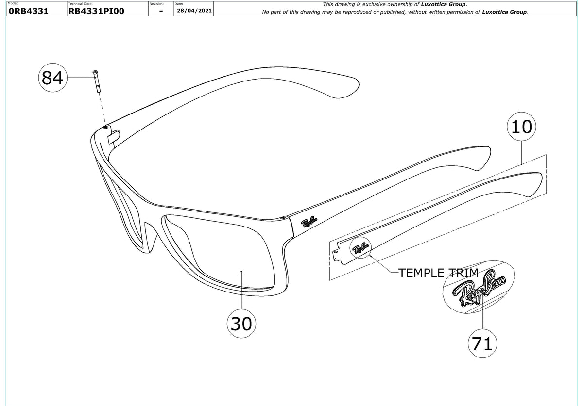Exploded technical drawing of the Ray-Ban RB4331 Replacement Parts, with each replacement part numbered