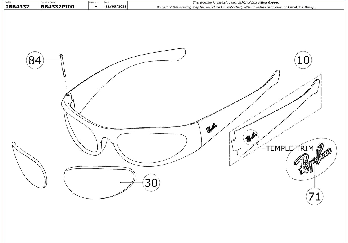 Exploded technical drawing of the Ray-Ban RB4332 Replacement Parts, with each replacement part numbered