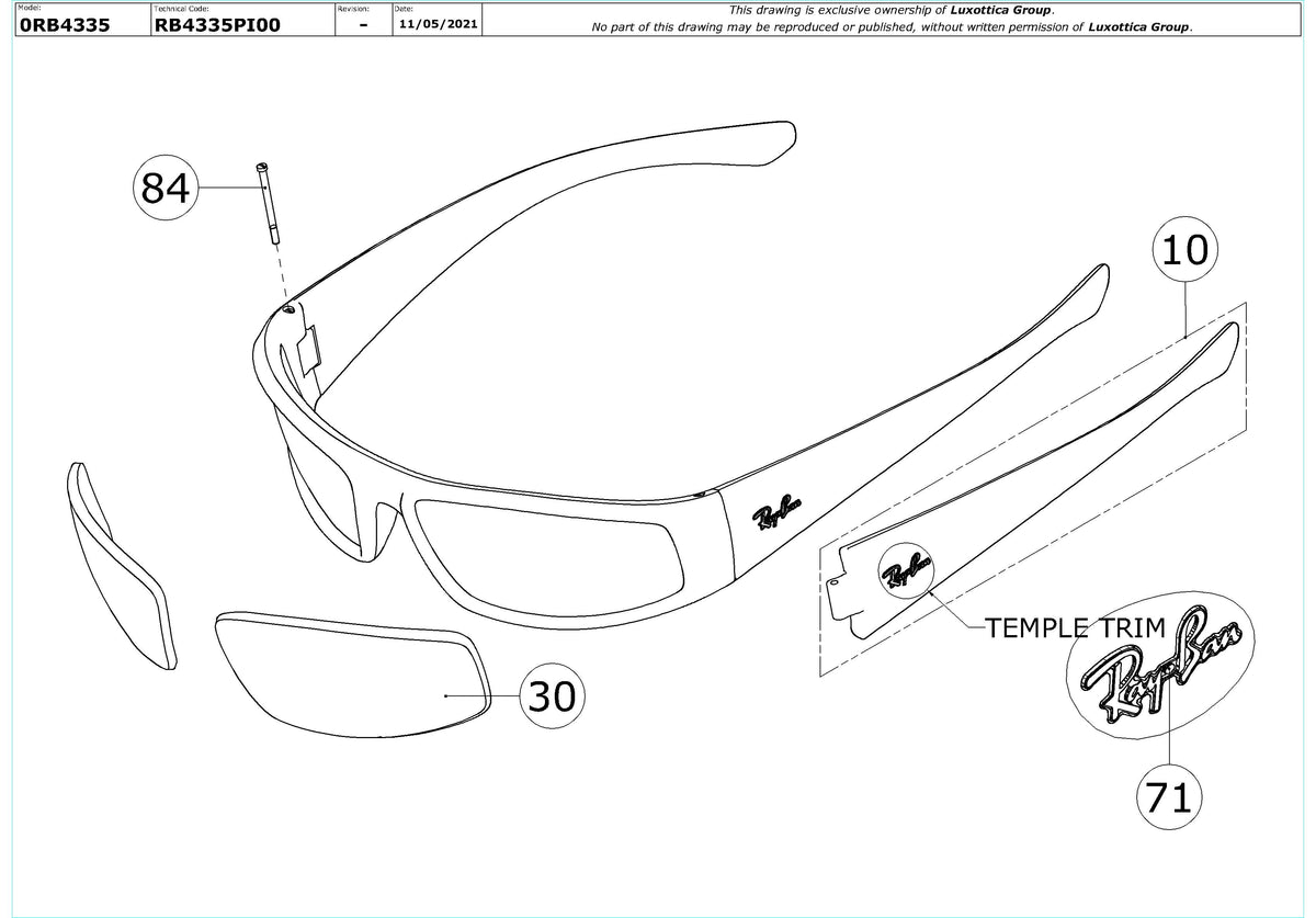 Enlarged technical drawing of the Ray-Ban RB4335 Replacement Parts