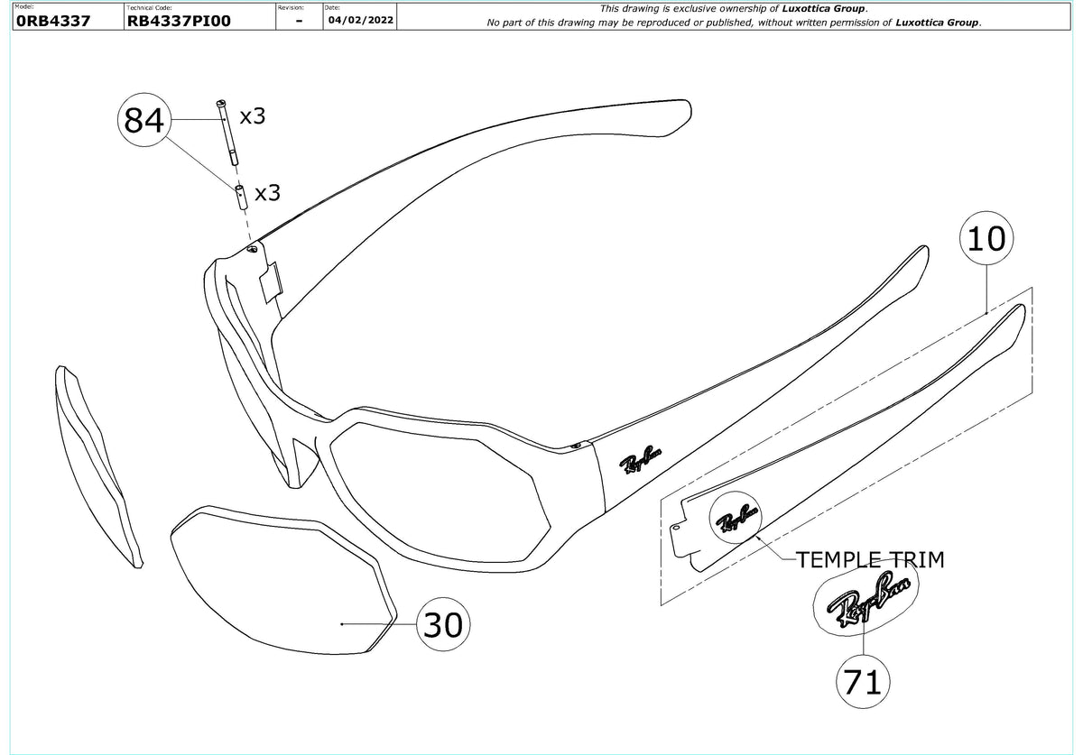 Exploded technical drawing of the Ray-Ban RB4337 Replacement Parts, with each replacement part numbered