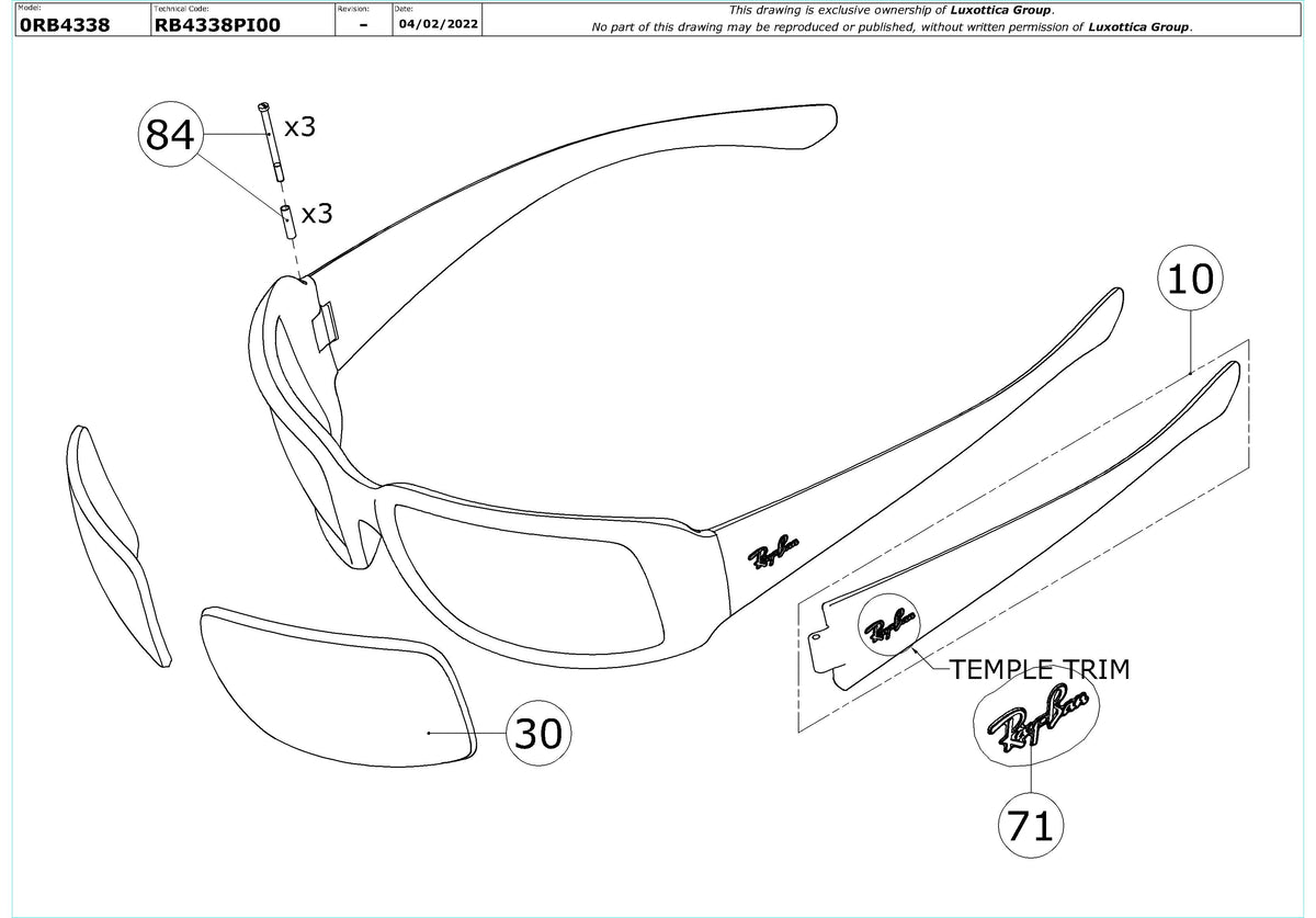 Enlarged technical drawing of the Ray-Ban RB4338 Replacement Parts