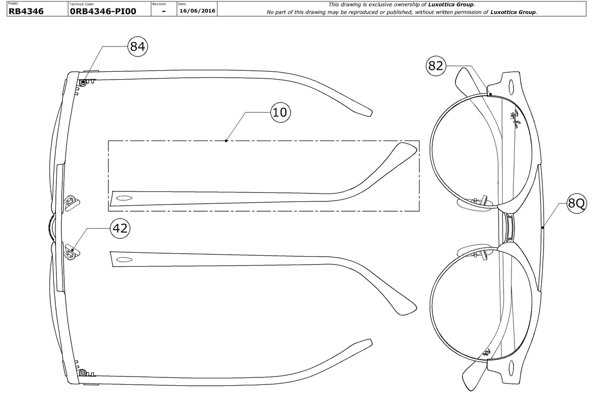 Exploded technical drawing of the Ray-Ban Clubround Doublebridge RB4346 Replacement Parts, with each replacement part numbered