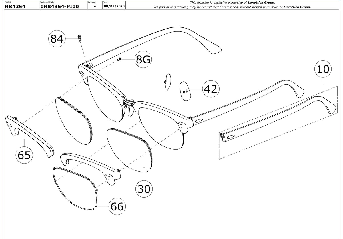 Enlarged technical drawing of the Ray-Ban RB4354 Replacement Parts