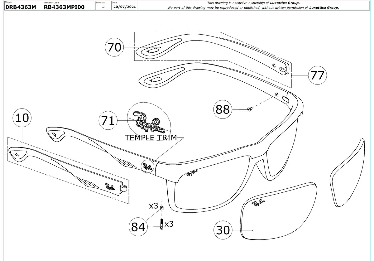 Enlarged technical drawing of the Ray-Ban RB4363M Replacement Parts