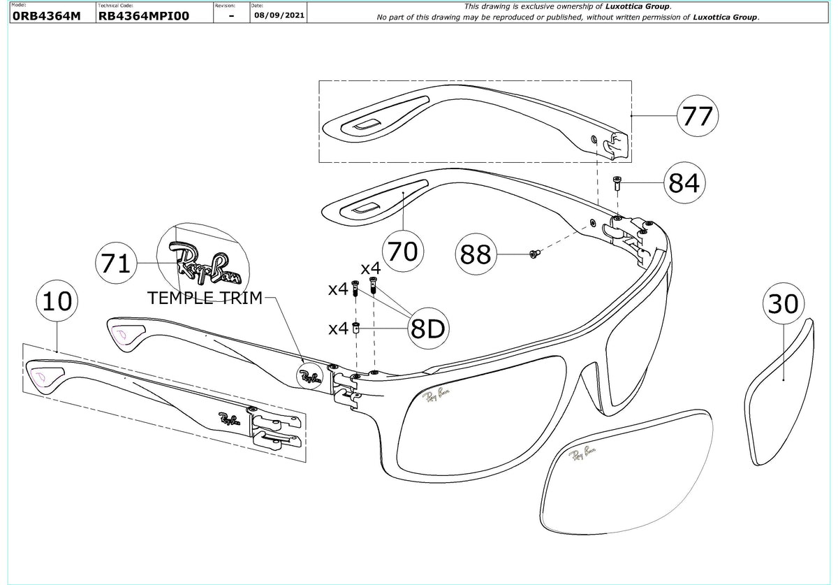 Enlarged technical drawing of the Ray-Ban RB4364M Replacement Parts