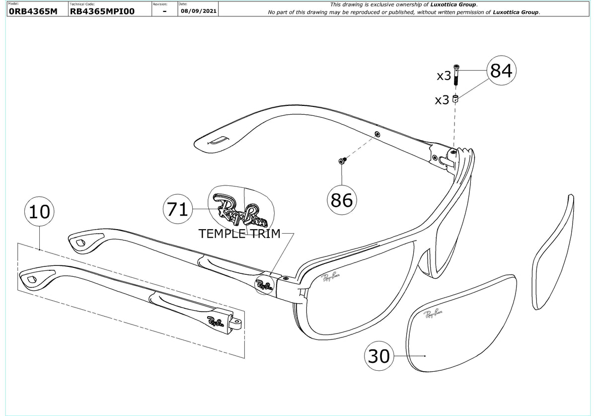 Enlarged technical drawing of the Ray-Ban RB4365M Replacement Parts