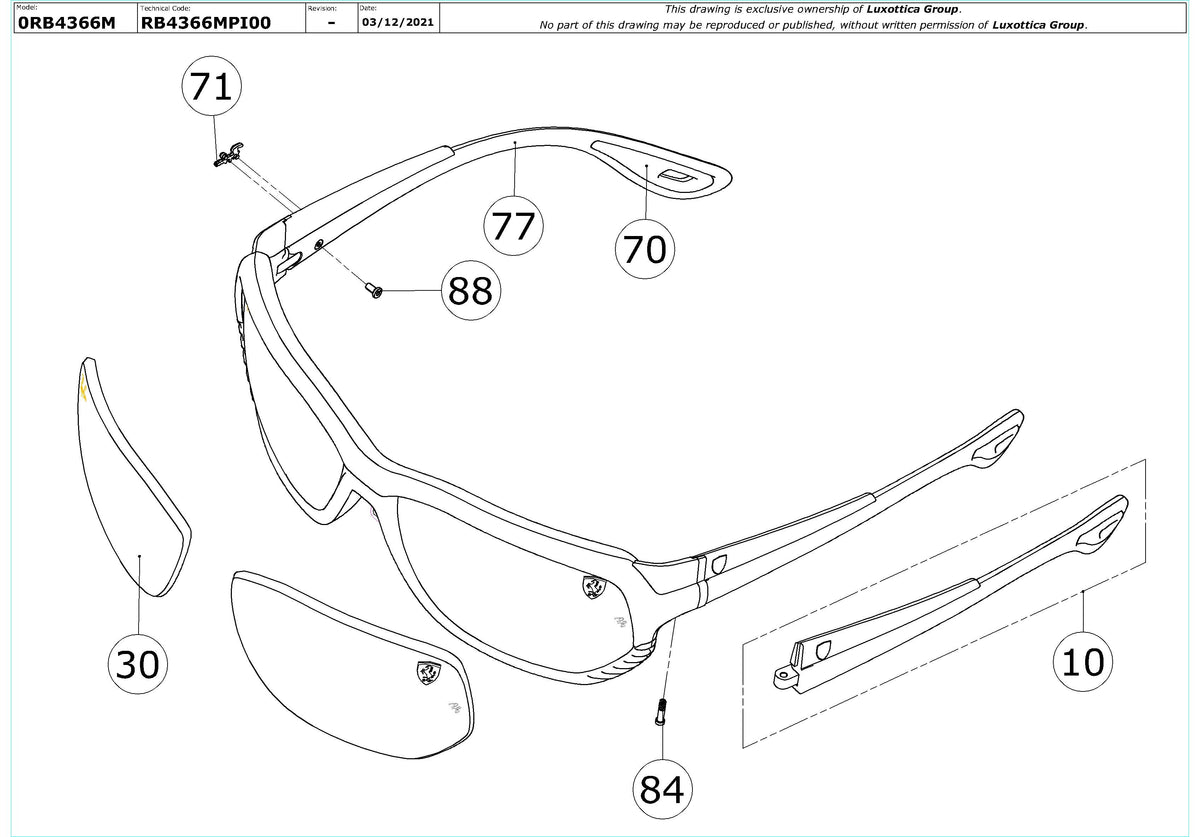 Enlarged technical drawing of the Ray-Ban RB4366M Replacement Parts