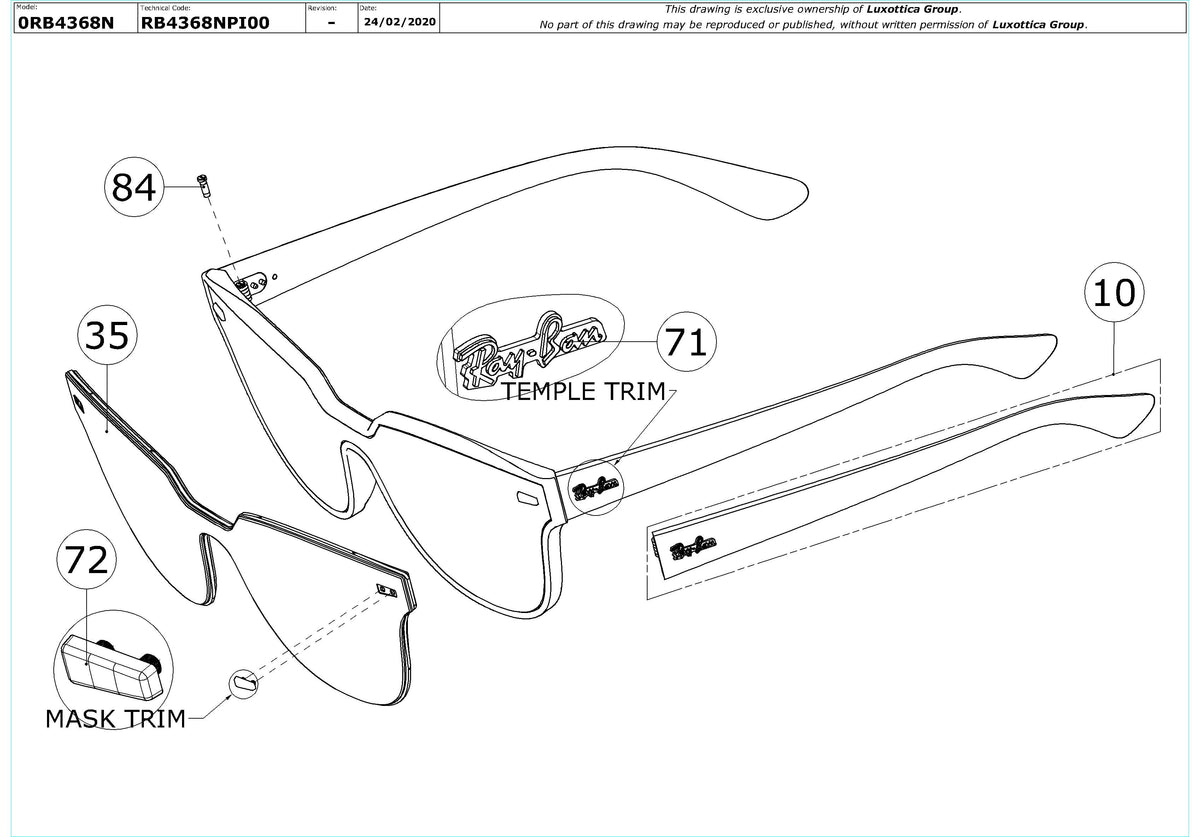 Exploded technical drawing of the Ray-Ban Blaze Meteor RB4368N Replacement Parts, with each replacement part numbered