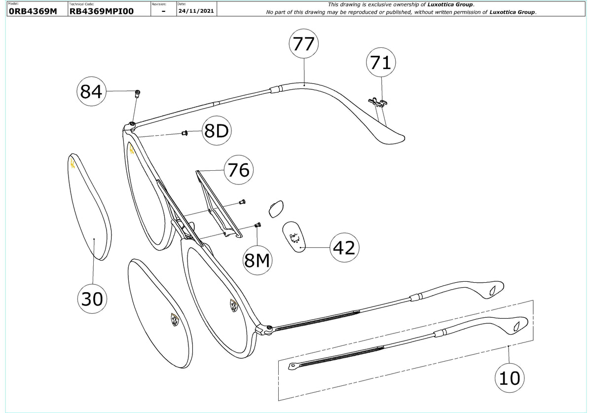 Enlarged technical drawing of the Ray-Ban RB4369M Replacement Parts
