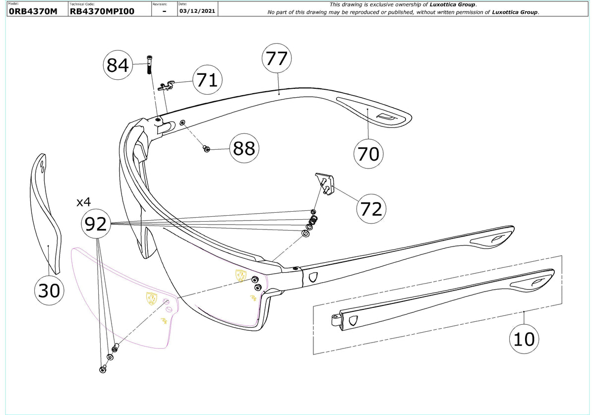Exploded technical drawing of the Ray-Ban RB4370M Replacement Parts, with each replacement part numbered