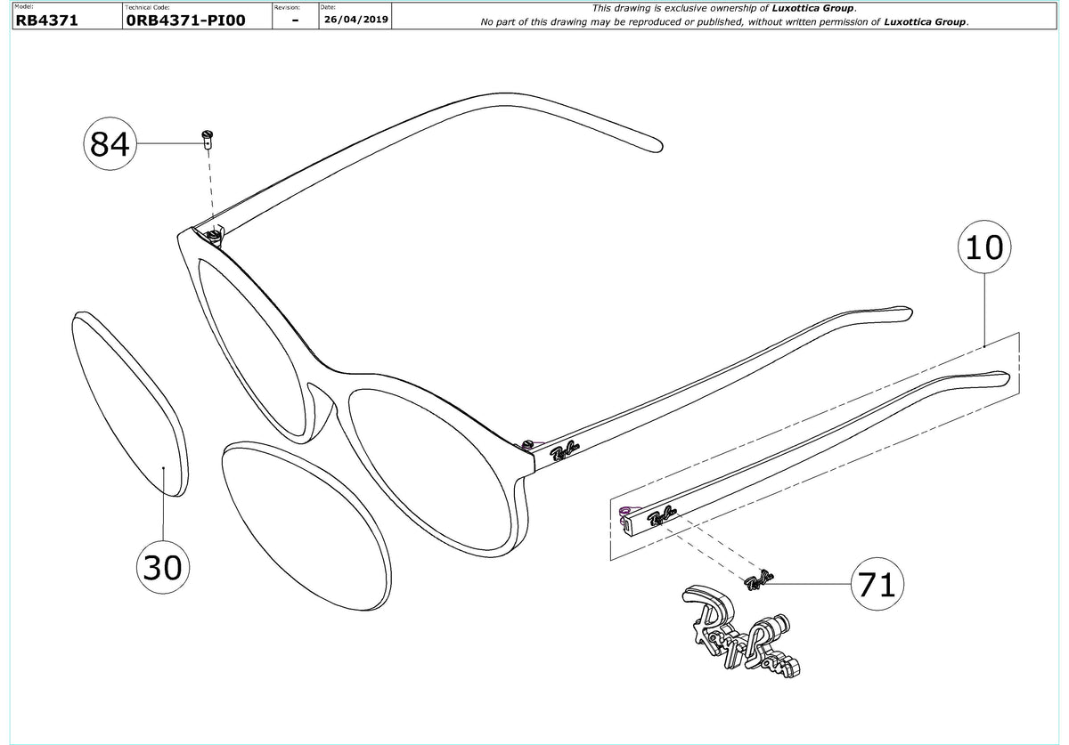 Enlarged technical drawing of the Ray-Ban RB4371 Replacement Parts