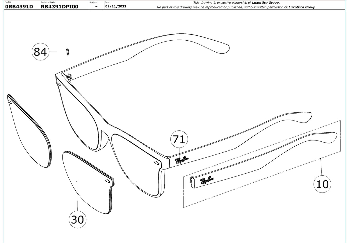 Exploded technical drawing of the Ray-Ban RB4391D Replacement Parts, with each replacement part numbered