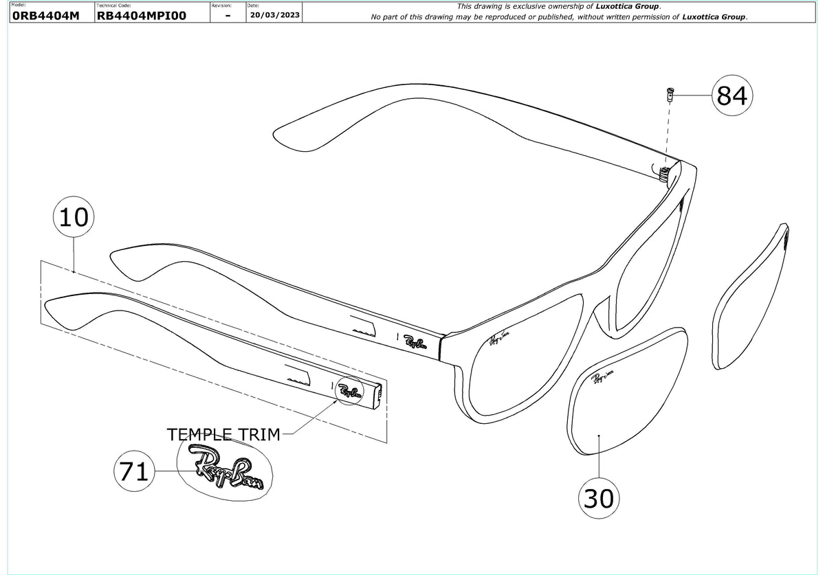 Exploded technical drawing of the Ray-Ban RB4404M Replacement Parts, with each replacement part numbered