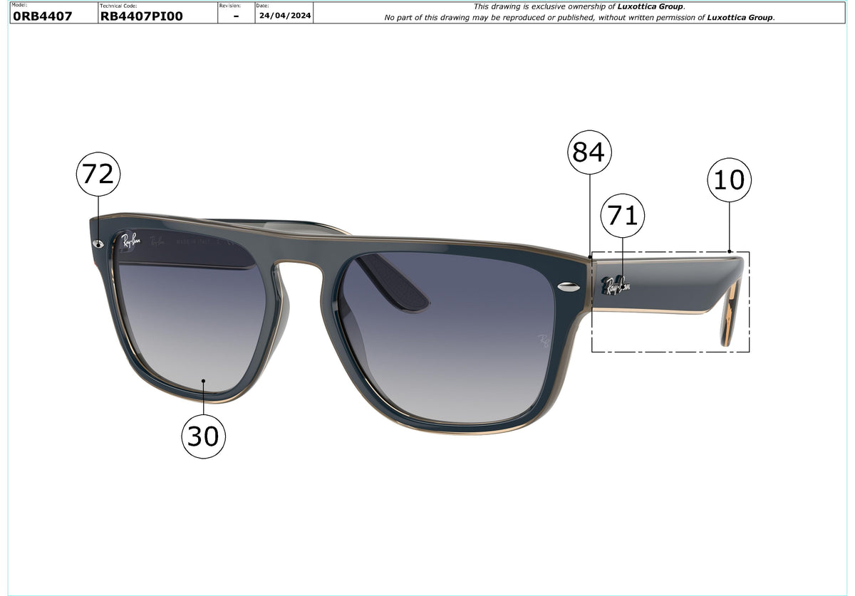 Exploded technical drawing of the Ray-Ban RB4407 Replacement Parts, with each replacement part numbered