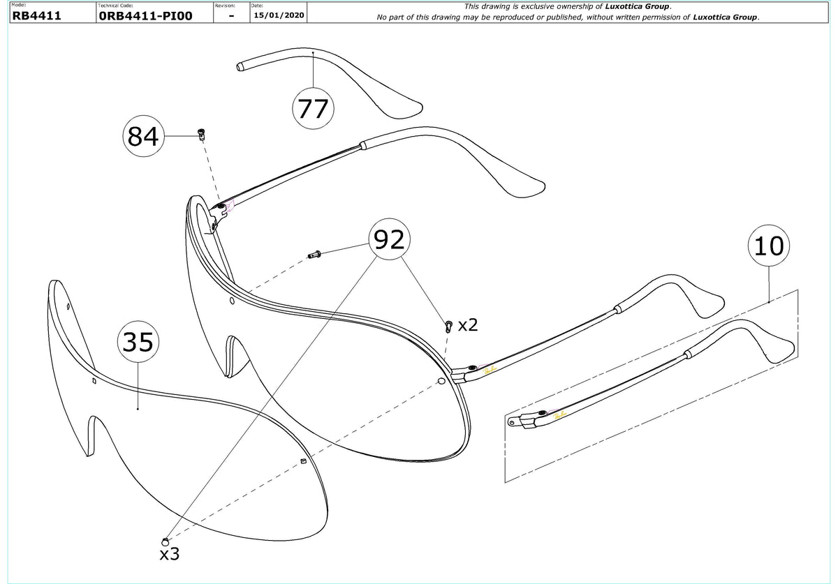 Enlarged technical drawing of the Ray-Ban RB4411 Replacement Parts