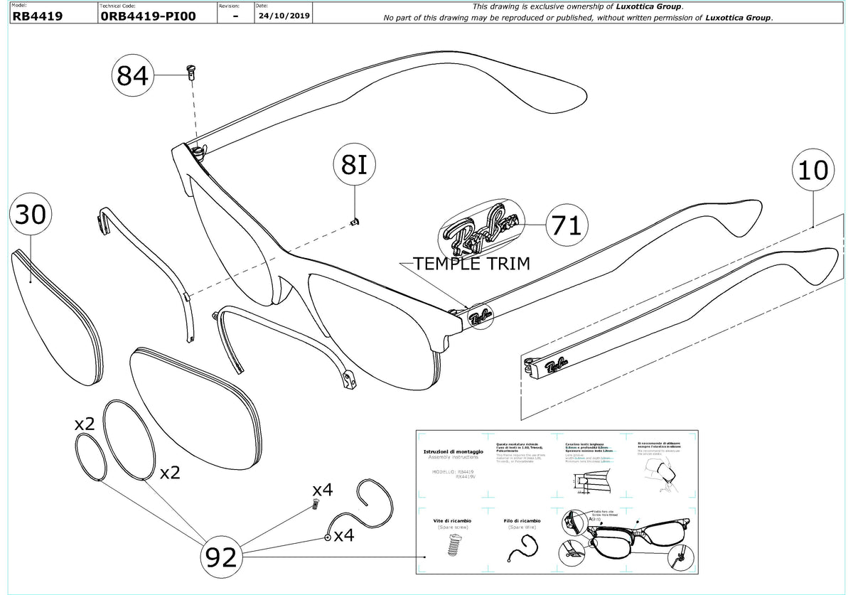 Exploded technical drawing of the Ray-Ban RB4419 Replacement Parts, with each replacement part numbered