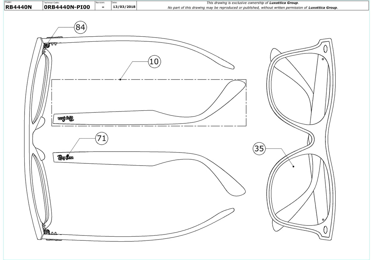 Enlarged technical drawing of the Ray-Ban Blaze Wayfarer RB4440N Replacement Parts