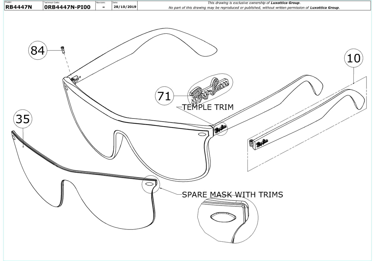 Enlarged technical drawing of the Ray-Ban Blaze Boyfriend RB4447N Replacement Parts