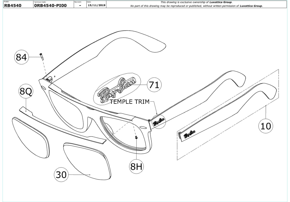 Enlarged technical drawing of the Ray-Ban Wayfarer RB4540 Replacement Parts