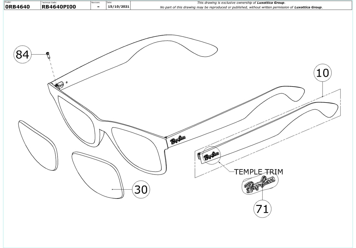 Exploded technical drawing of the Ray-Ban RB4640 Replacement Parts, with each replacement part numbered