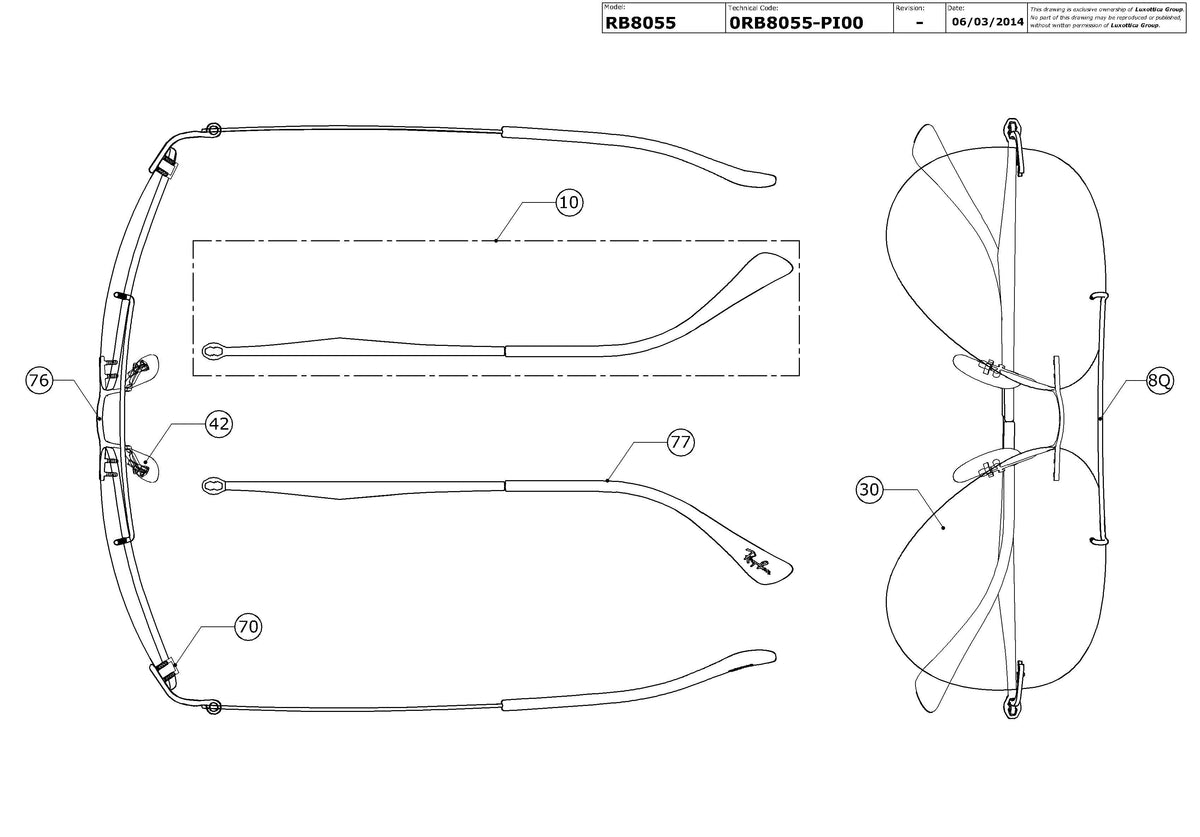 Exploded technical drawing of the Ray-Ban RB8055 Replacement Parts, with each replacement part numbered