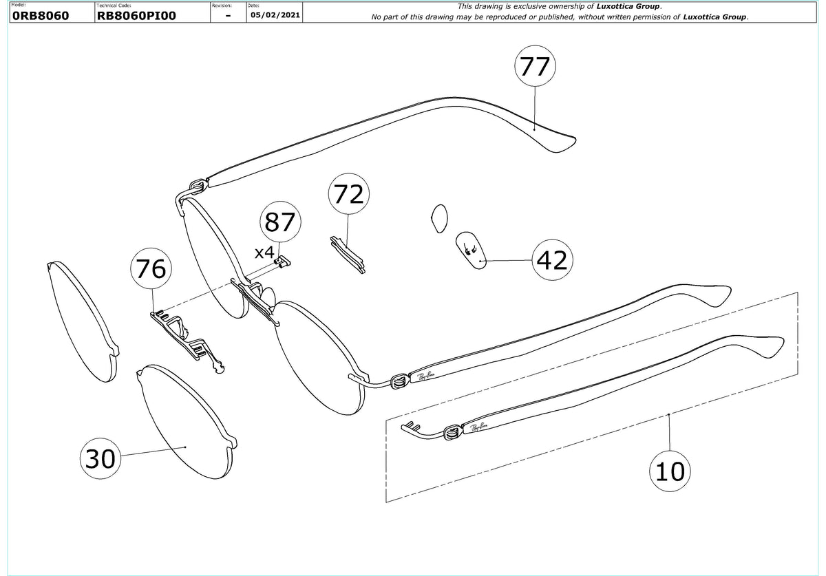 Exploded technical drawing of the Ray-Ban RB8060 Replacement Parts, with each replacement part numbered
