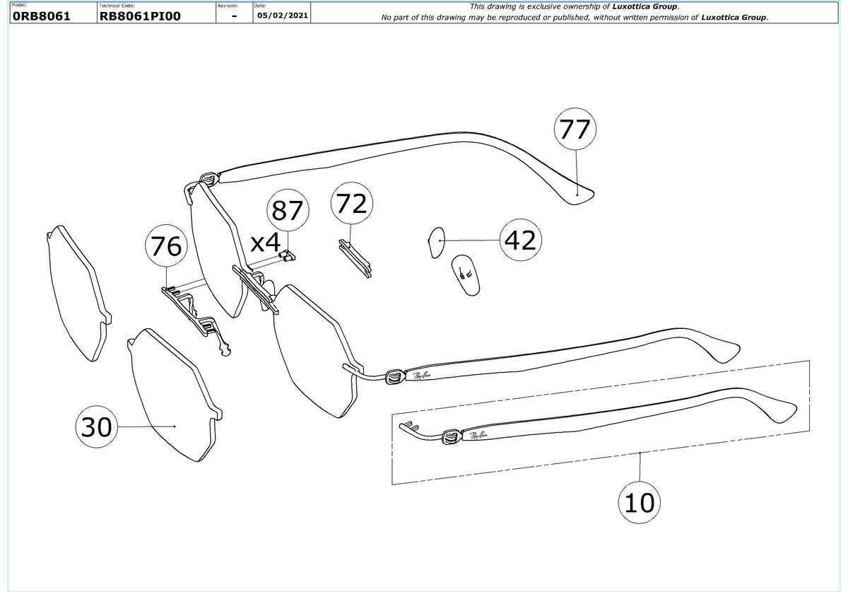 Enlarged technical drawing of the Ray-Ban RB8061 Replacement Parts
