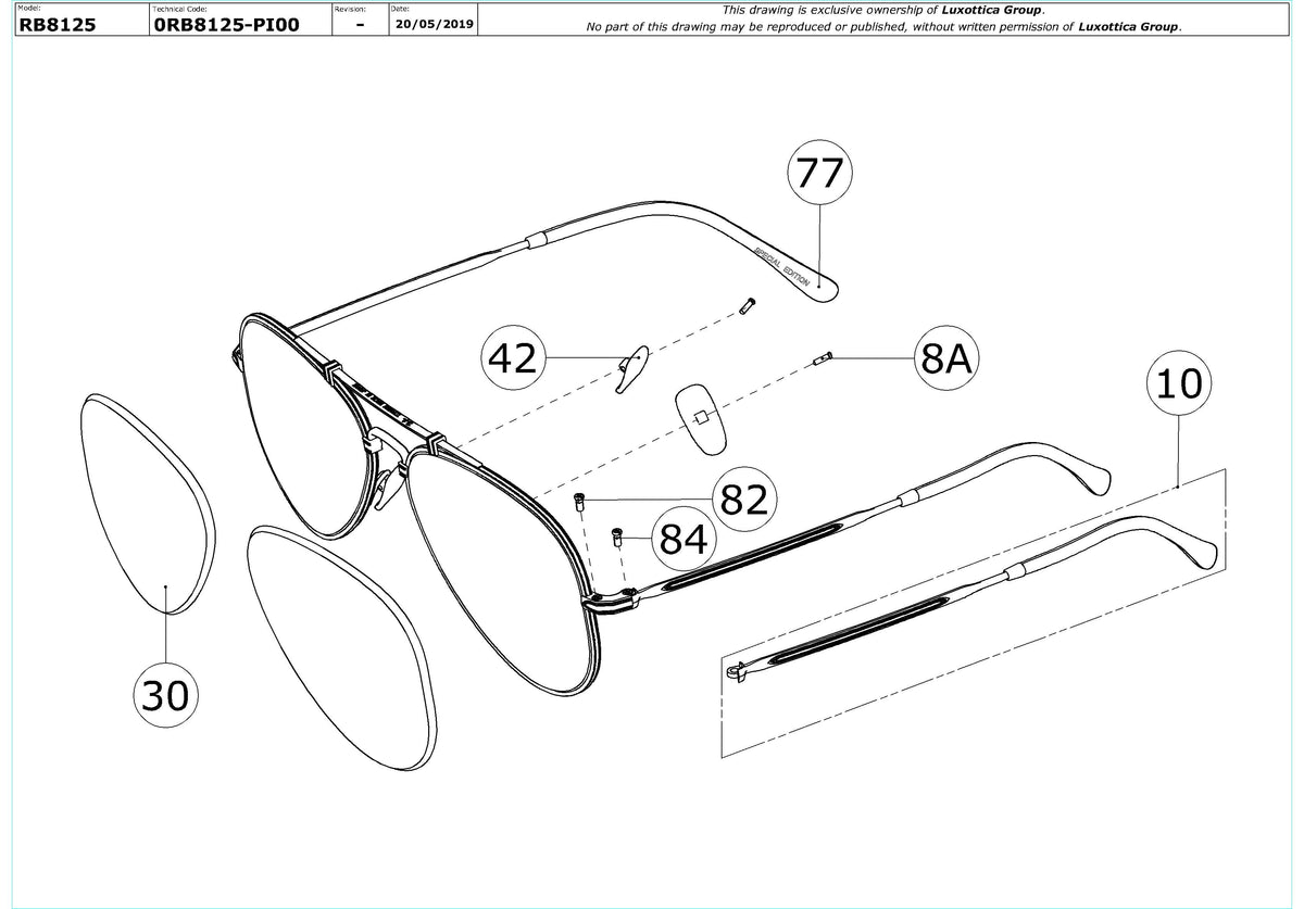 Exploded technical drawing of the Ray-Ban Titanium RB8125 Replacement Parts, with each replacement part numbered