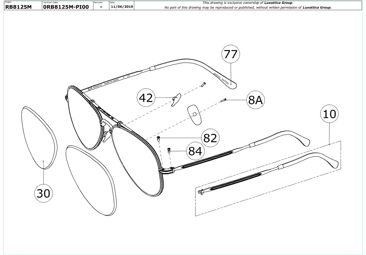 Enlarged technical drawing of the Ray-Ban Titanium RB8125M Replacement Parts