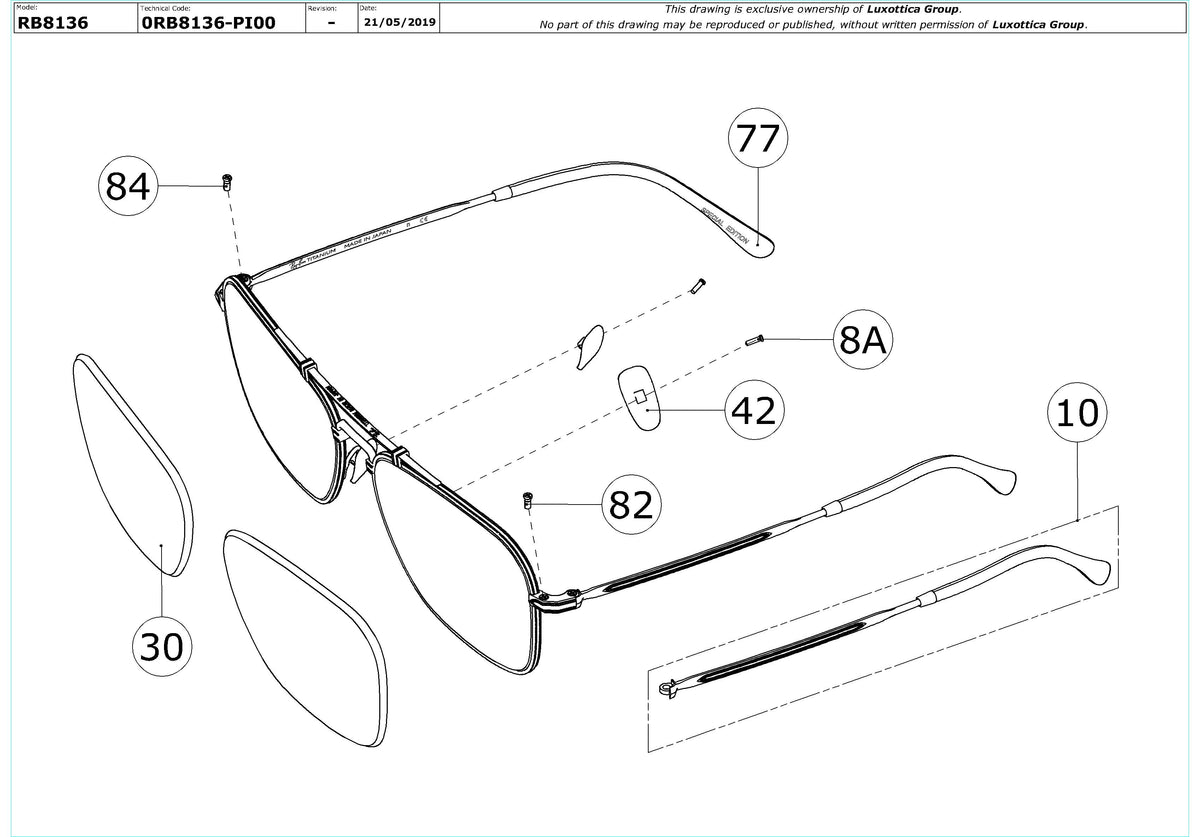 Enlarged technical drawing of the Ray-Ban Titanium RB8136 Replacement Parts