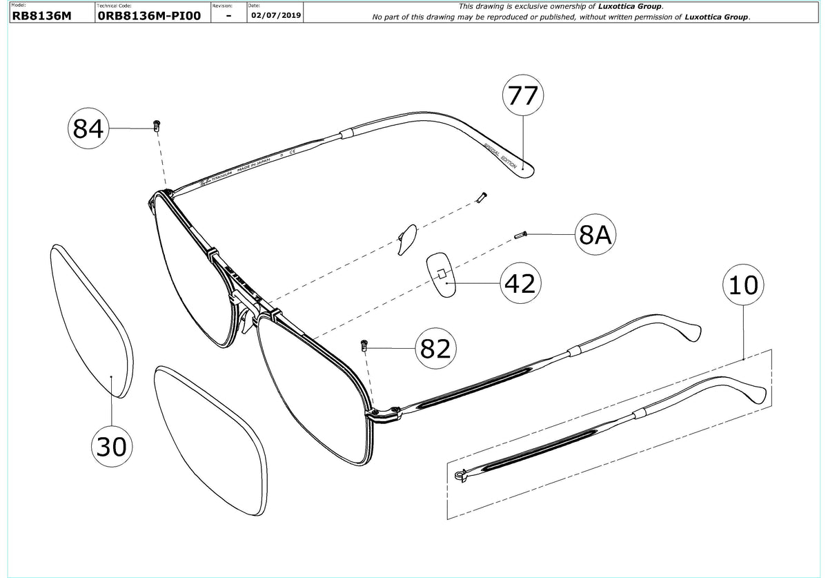 Enlarged technical drawing of the Ray-Ban Titanium RB8136M Replacement Parts
