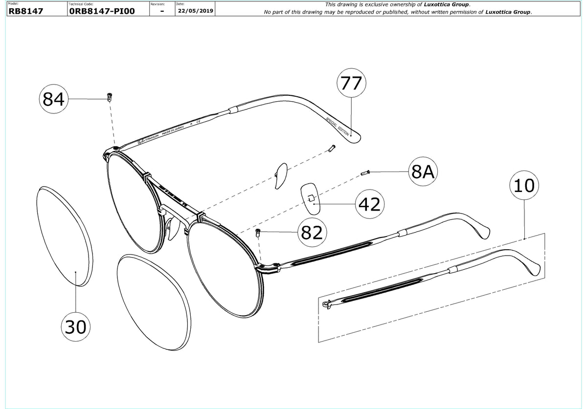 Enlarged technical drawing of the Ray-Ban Titanium RB8147 Replacement Parts