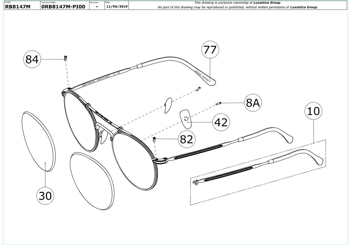 Enlarged technical drawing of the Ray-Ban Titanium RB8147M Replacement Parts