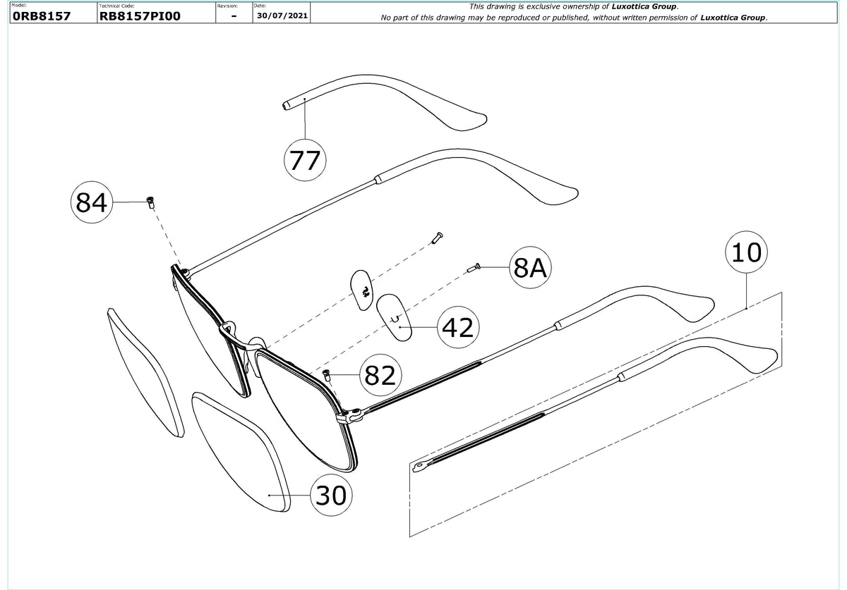 Exploded technical drawing of the Ray-Ban Frank RB8157 Replacement Parts, with each replacement part numbered