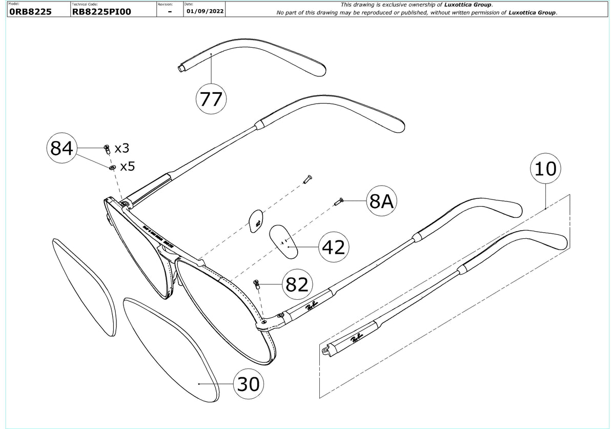 Exploded technical drawing of the Ray-Ban Aviator Titanium RB8225 Replacement Parts, with each replacement part numbered