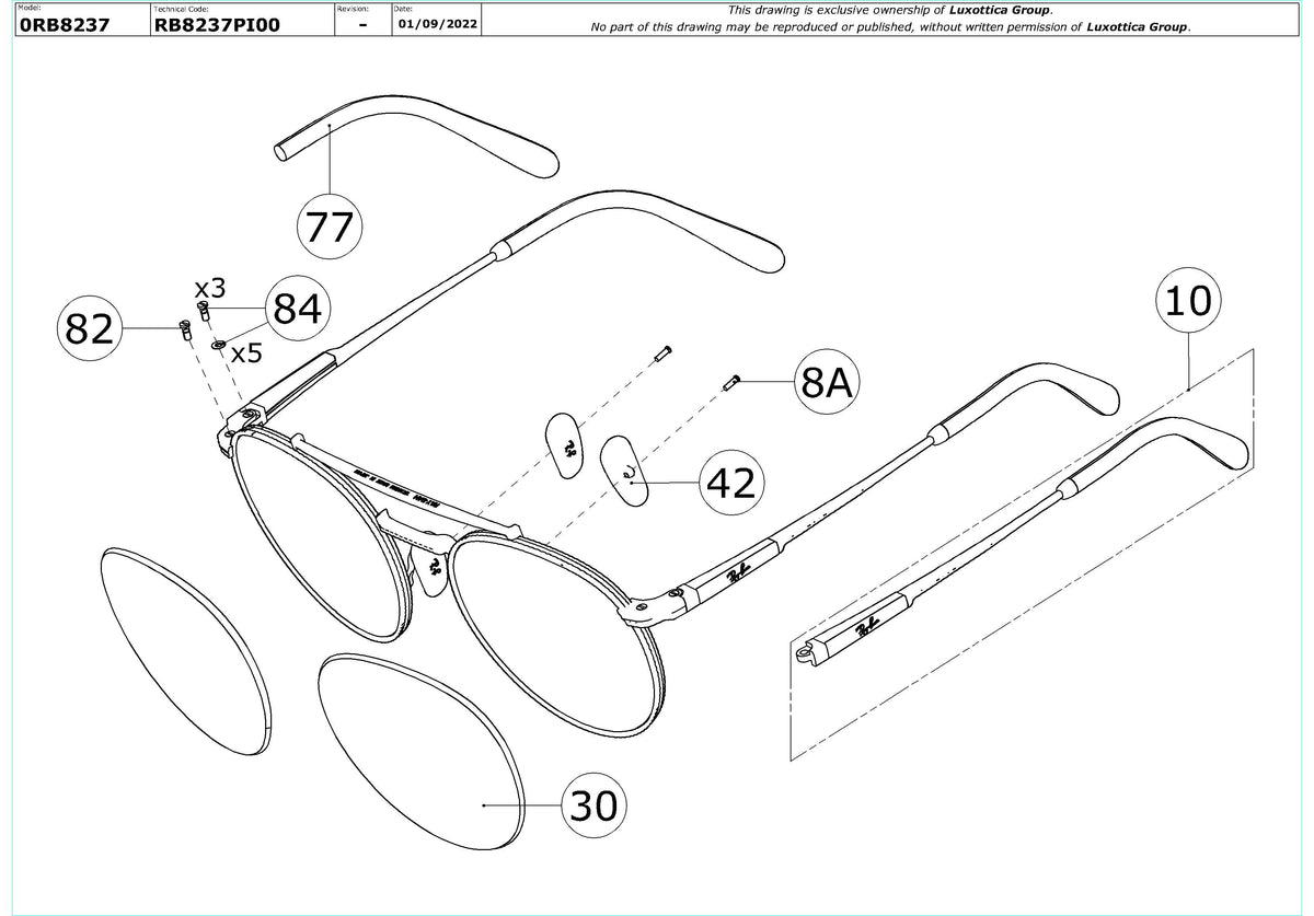 Exploded technical drawing of the Ray-Ban Round II Titanium RB8237 Replacement Parts, with each replacement part numbered