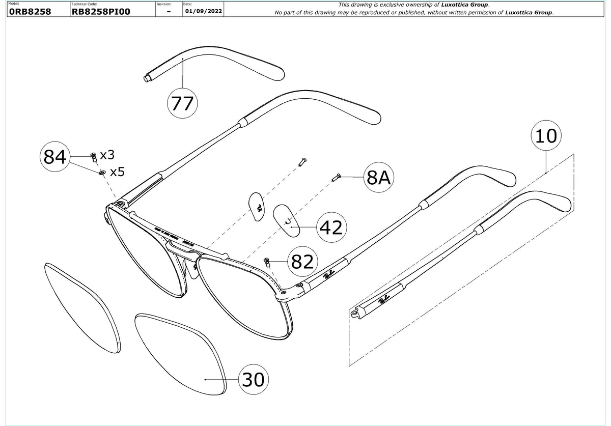 Exploded technical drawing of the Ray-Ban Frank II Titanium RB8258 Replacement Parts, with each replacement part numbered