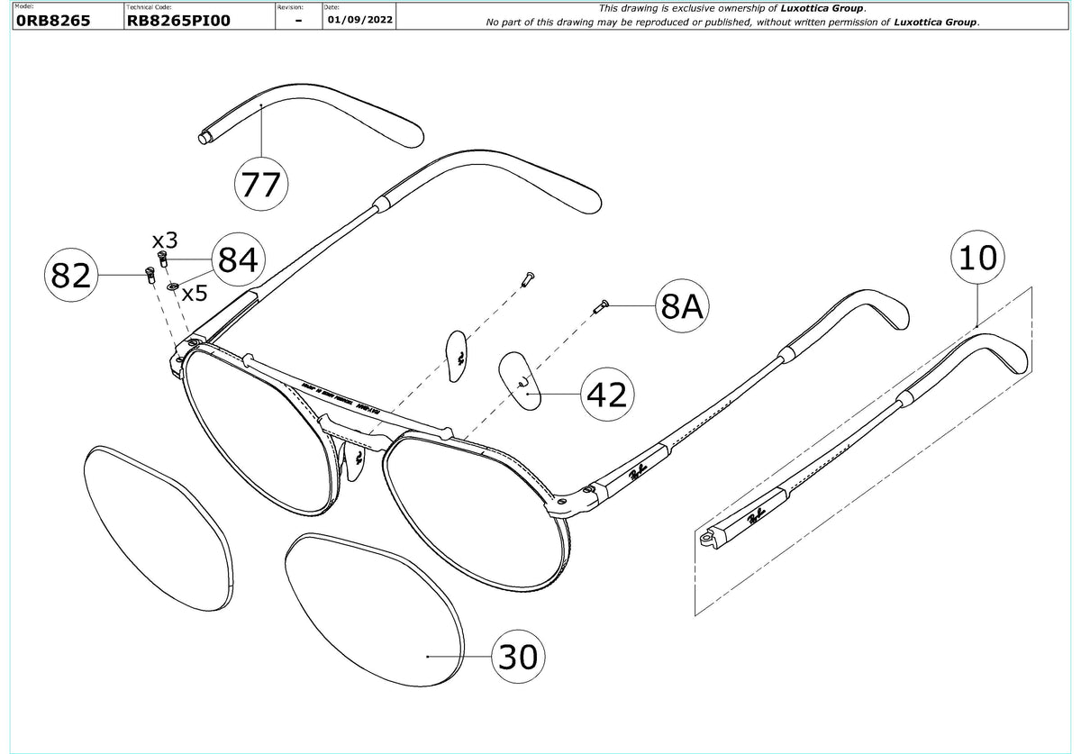 Enlarged technical drawing of the Ray-Ban Jack II Titanium RB8265 Replacement Parts